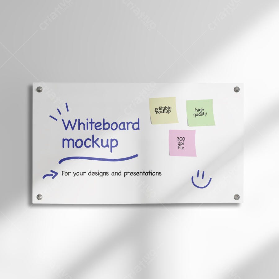 Mockup Realista de Quadro Branco com Notas Adesivas em Parede Clara e Sombras