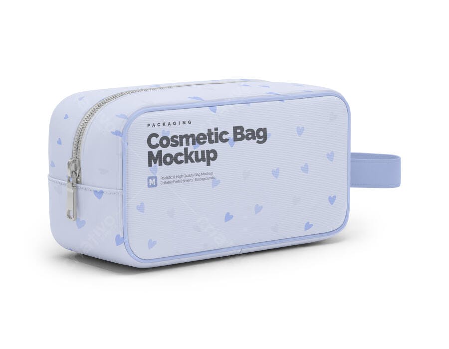 Mockup Realista de Bolsa de Cosméticos Azul Clara com Corações para Embalagem