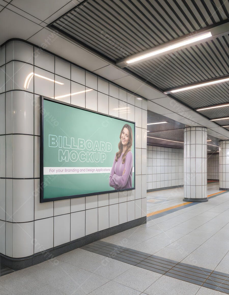 Mockup Realista de Outdoor em Estação de Metrô Moderna com Azulejos Brancos e Teto Metálico