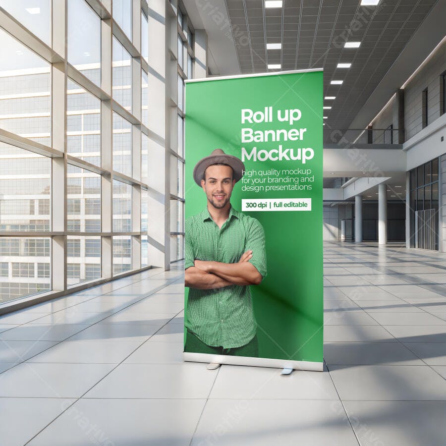 Mockup Roll up Banner Verde com Homem Sorrindo em Ambiente Corporativo Moderno