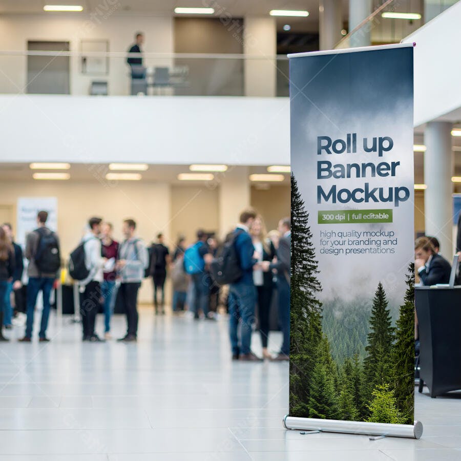 Mockup Realista de Roll-up Banner em Evento Corporativo com Pessoas