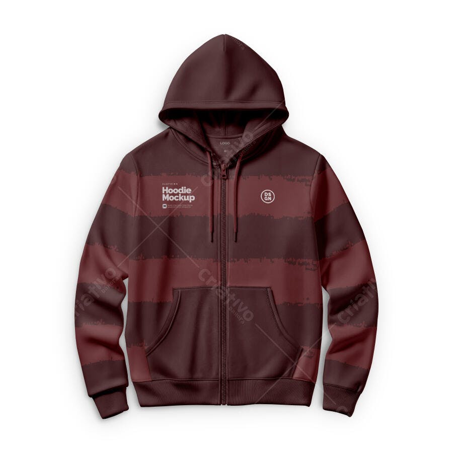 Mockup Realista Moletom com Capuz Zíper Listras Bordô e Vinho Vista Frontal