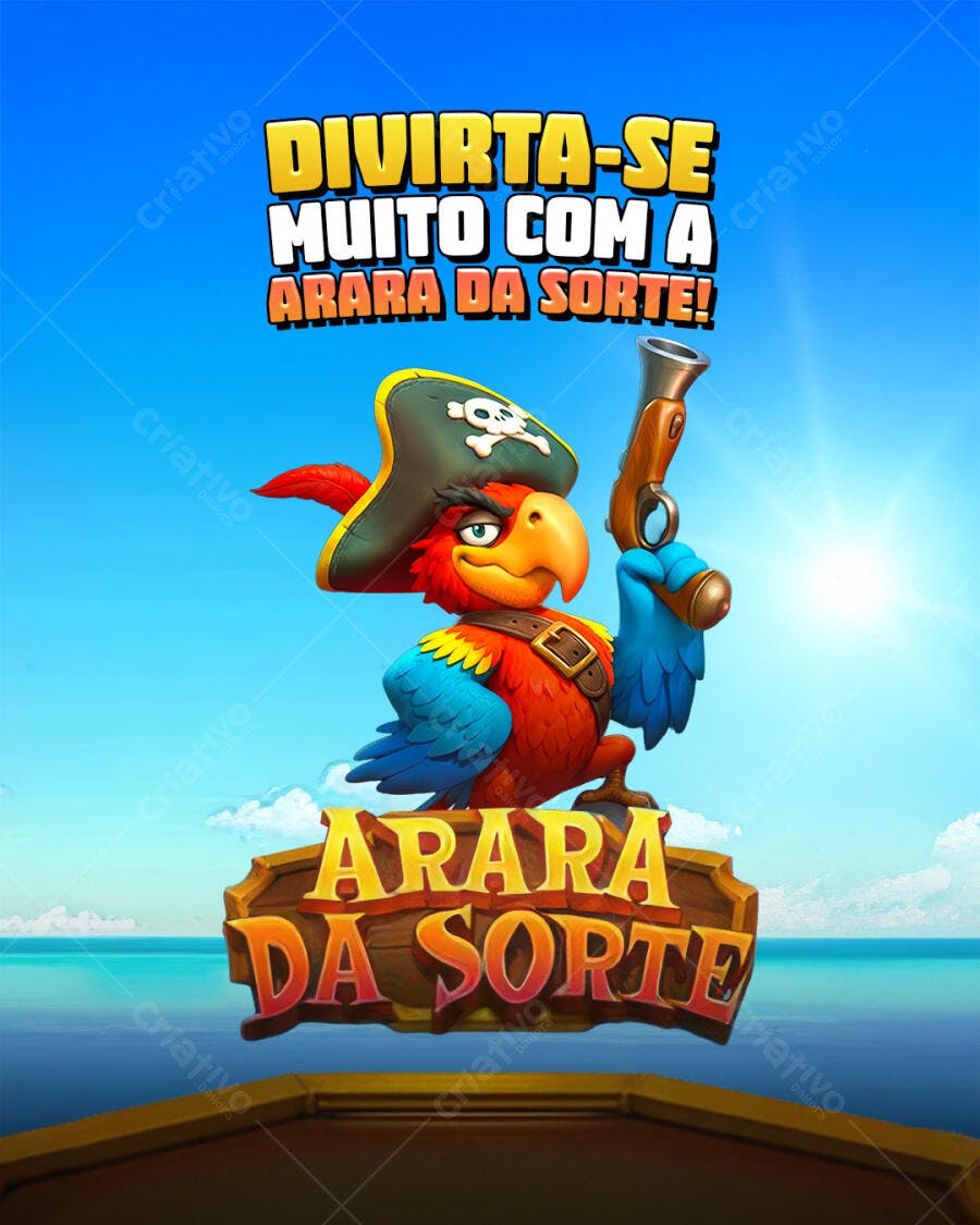 Flyer Arara da Sorte Pirata Jogo Aventura PSD Editável