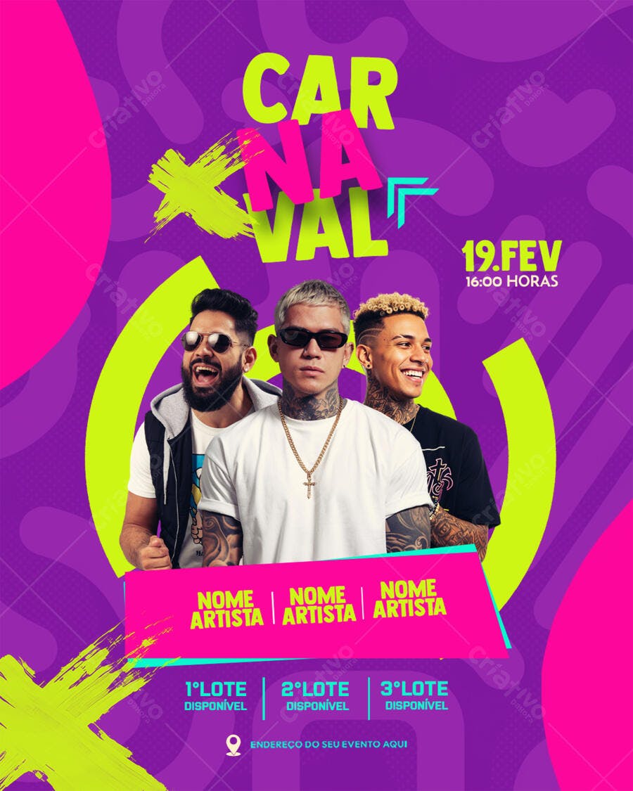 Flyer de Carnaval Vibrante com Artistas Masculinos PSD Editável