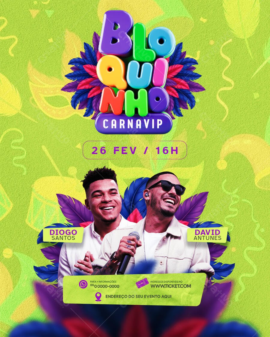 Flyer de Evento Bloquinho Carnavipe com Diogo Santos e David Antunes PSD Editável
