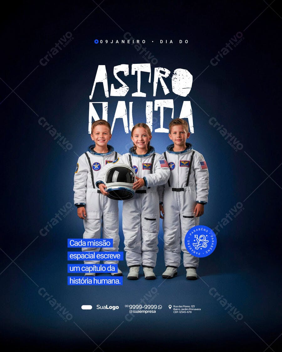 Flyer Dia do Astronauta Infantil Espacial PSD Editável
