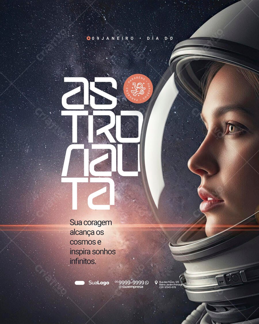 Flyer Homenagem Mulher Astronauta Dia 09 Janeiro PSD Editável