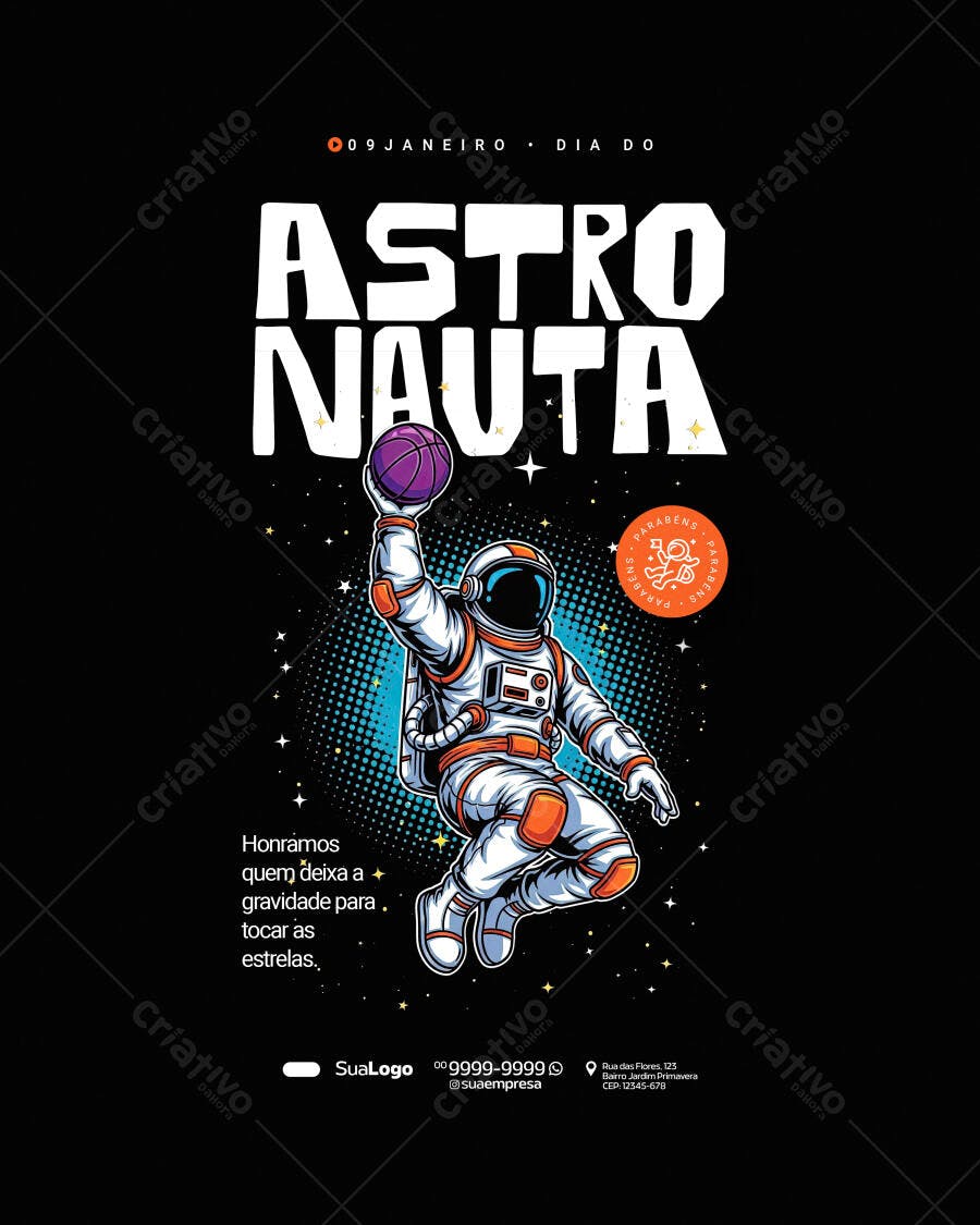 Flyer Dia do Astronauta 09 Janeiro com Astronauta Jogador PSD Editável