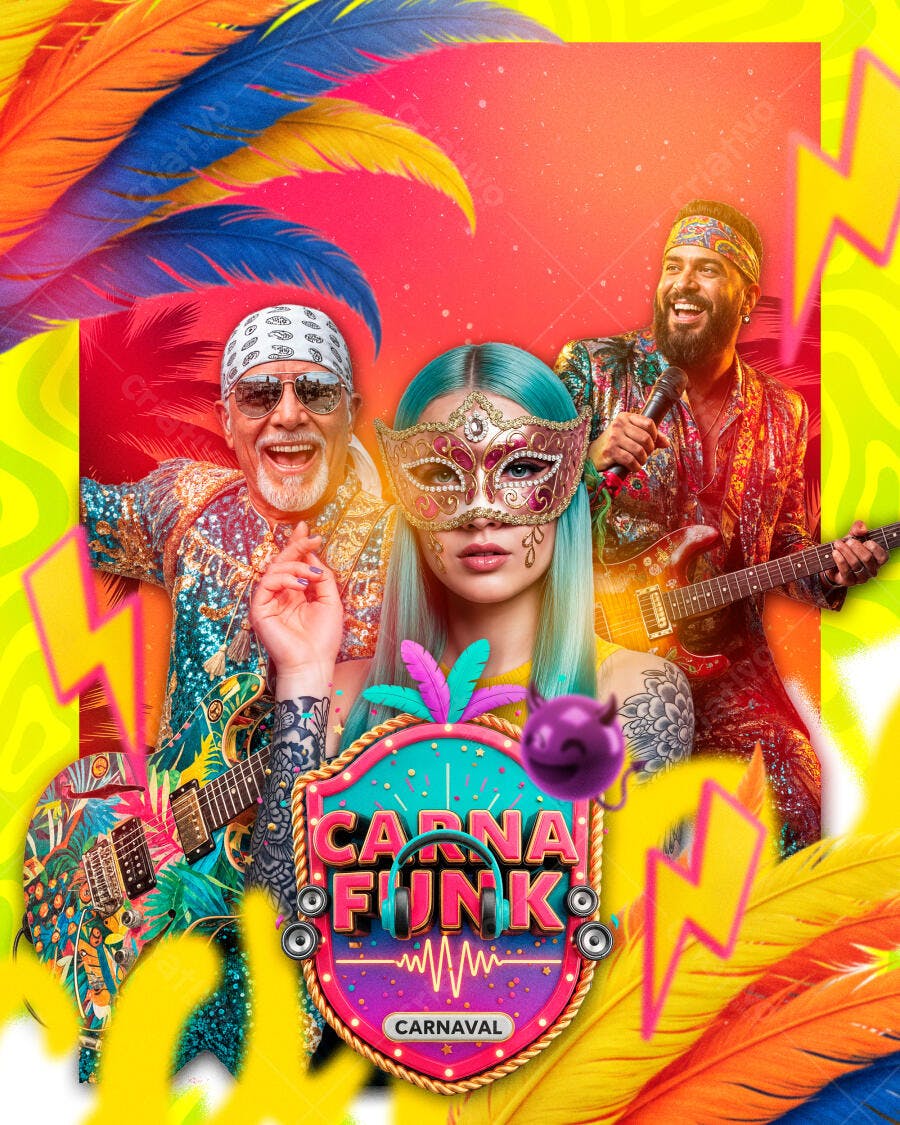 Flyer Carna Funk com Banda Máscara e Penas Coloridas PSD Editável