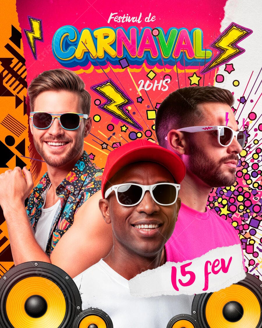 Flyer Festival de Carnaval com Homens Óculos Sol e Caixas de Som PSD Editável