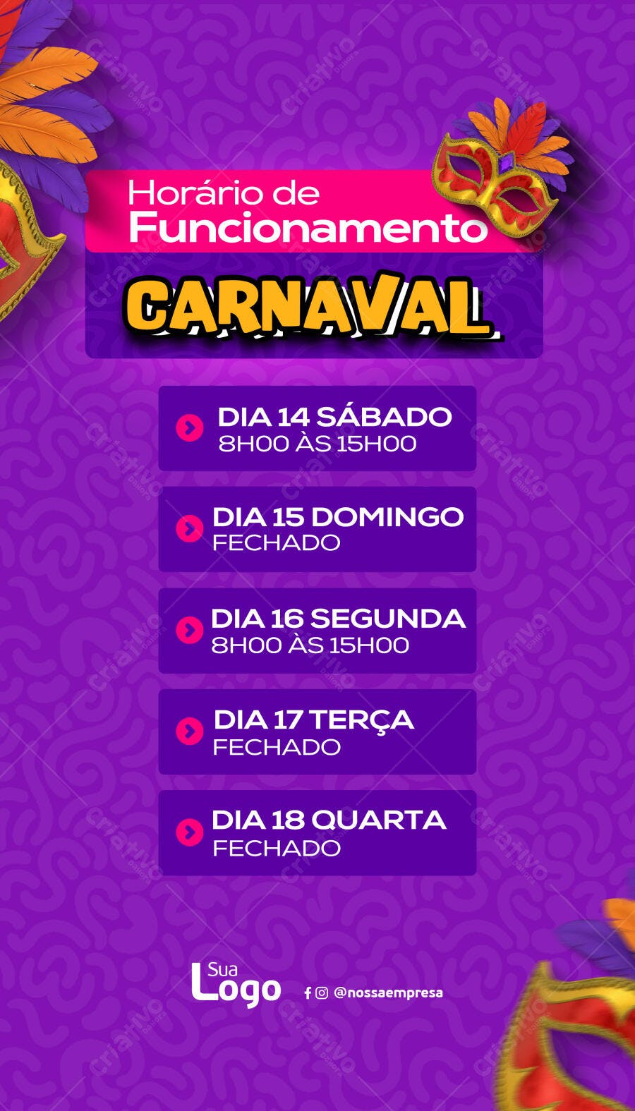 Flyer de Carnaval Horário de Funcionamento PSD Editável
