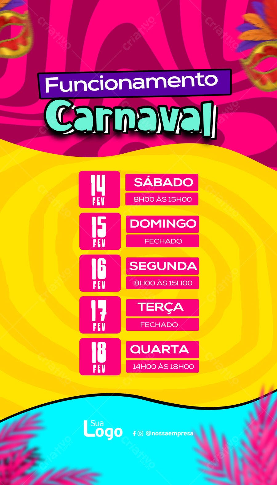 Flyer para Funcionamento Carnaval Rosa Amarelo PSD Editável