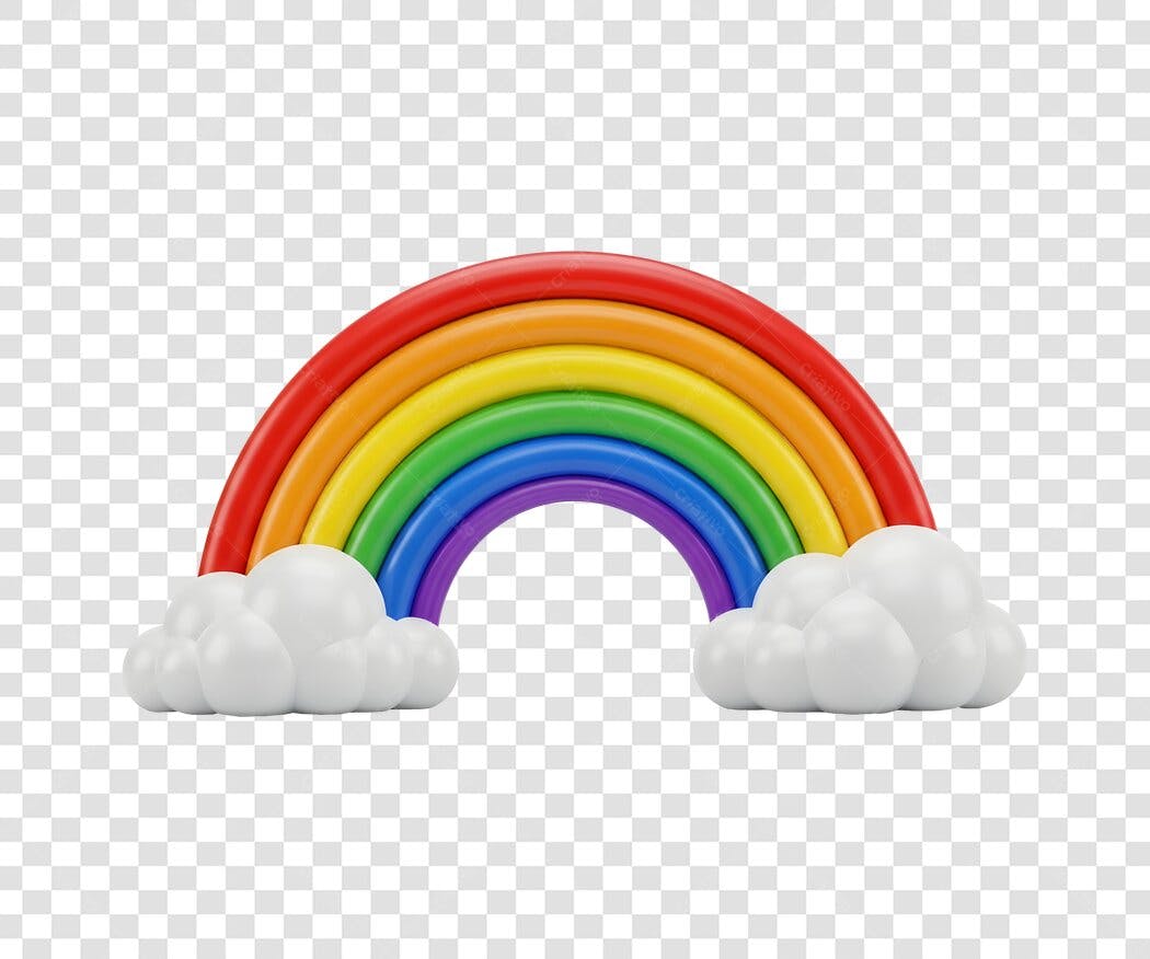 Ilustração 3D de Arco-íris Colorido com Nuvens Brancas PNG com fundo transparente
