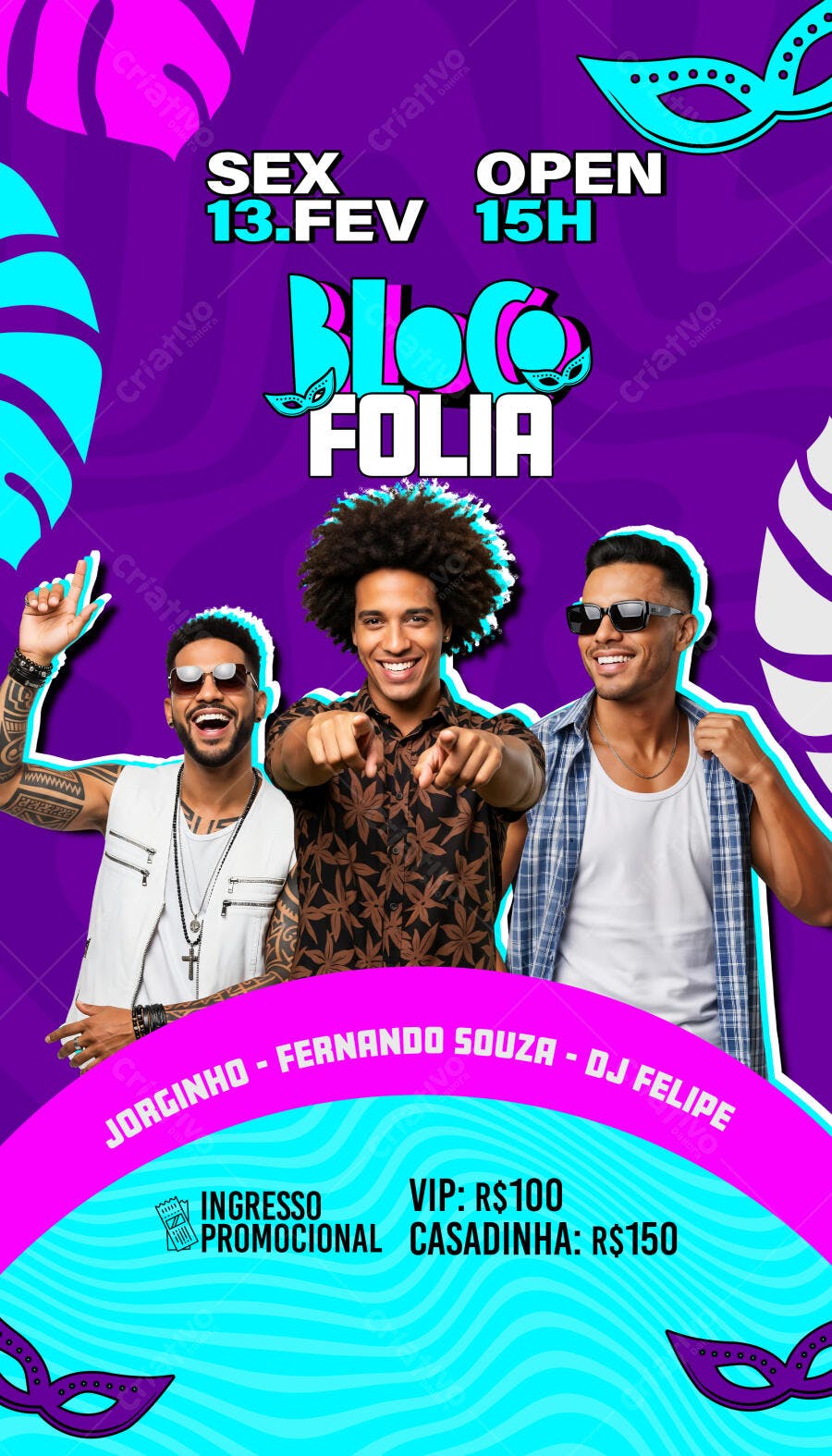 Flyer de Evento Bloco Folia Carnaval com Artistas e DJ PSD Editável