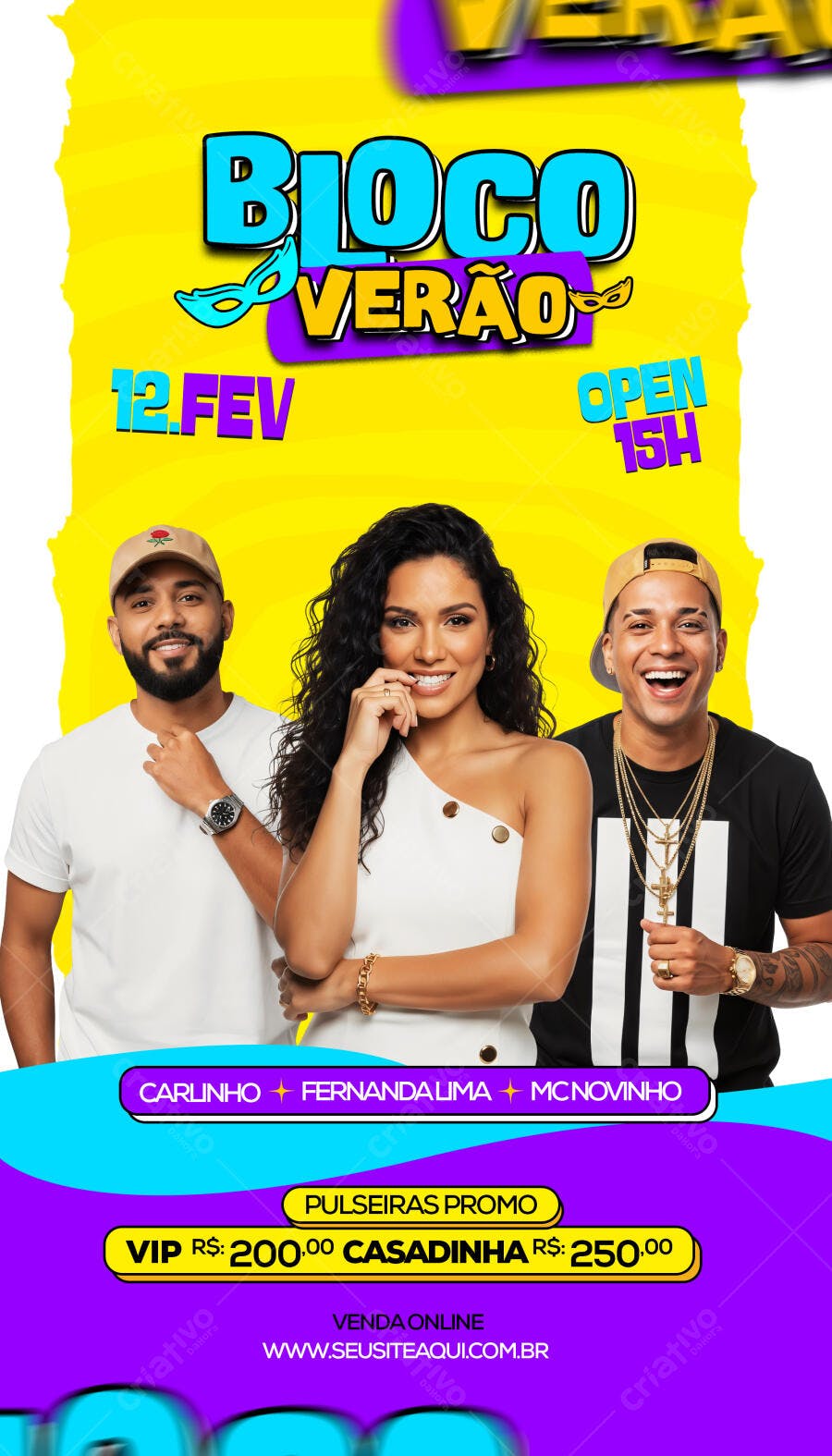 Flyer Bloco Verão com Carlinho Fernanda Lima MC Novinho PSD Editável