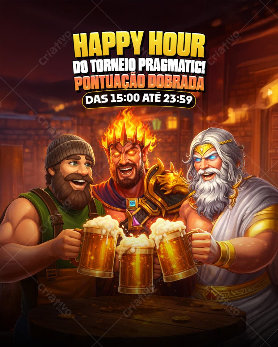 Flyer para Happy Hour Torneio Pragmatic Personagens Fantasia PSD Editável