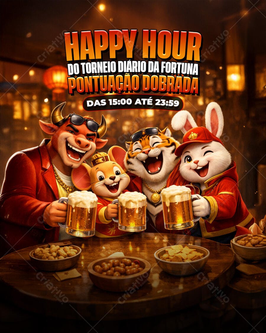 Flyer Happy Hour Pontuação Dobrada Torneio Fortuna PSD Editável