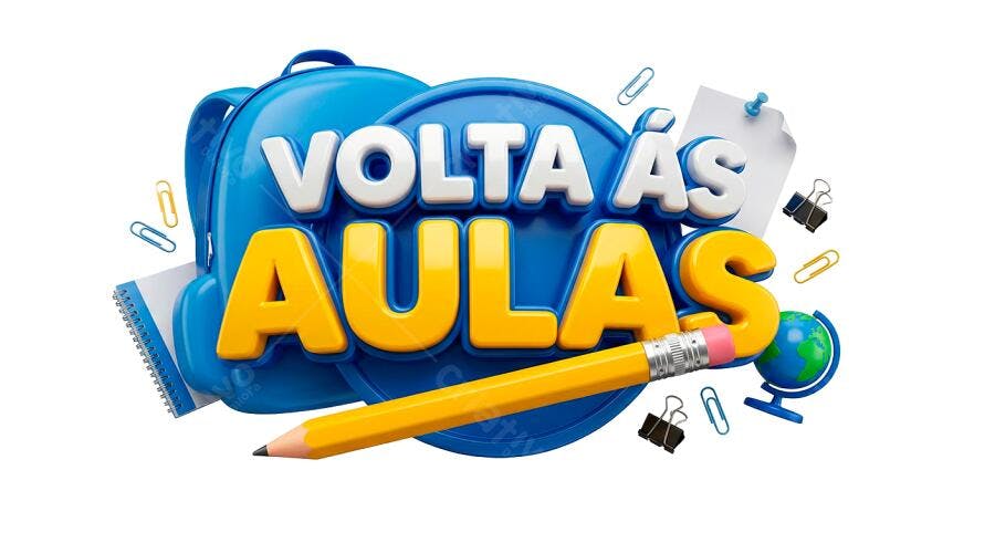 Selo 3D de campanha Volta às Aulas vibrante azul e amarelo com elementos escolares