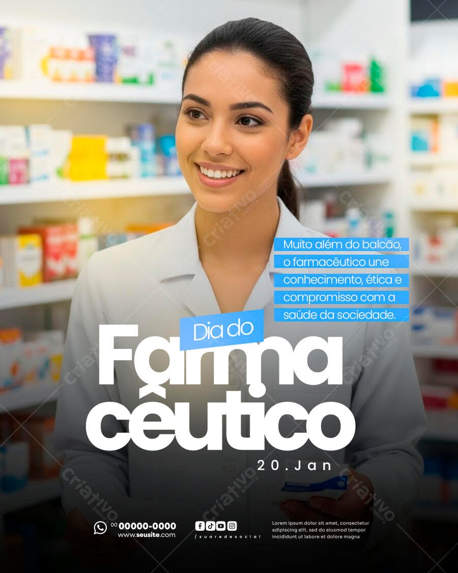 Post Dia do Farmacêutico Farmácia 20 de Janeiro PSD Editável