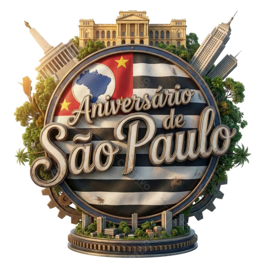 Selo 3D Aniversário de São Paulo Metalizado PNG Transparente