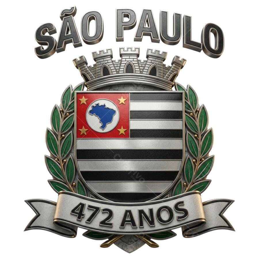 Brasão São Paulo 472 Anos 3D Metalizado Prata PNG Transparente