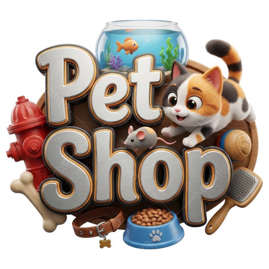 Logo 3D Pet Shop Gato Rato Aquário Pata PNG Transparente