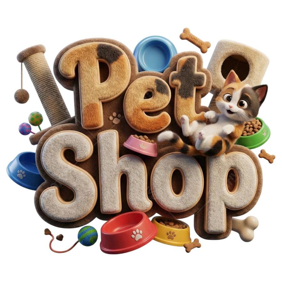 Logo 3D Pet Shop Gato Fofo Brinquedos Tigelas PNG