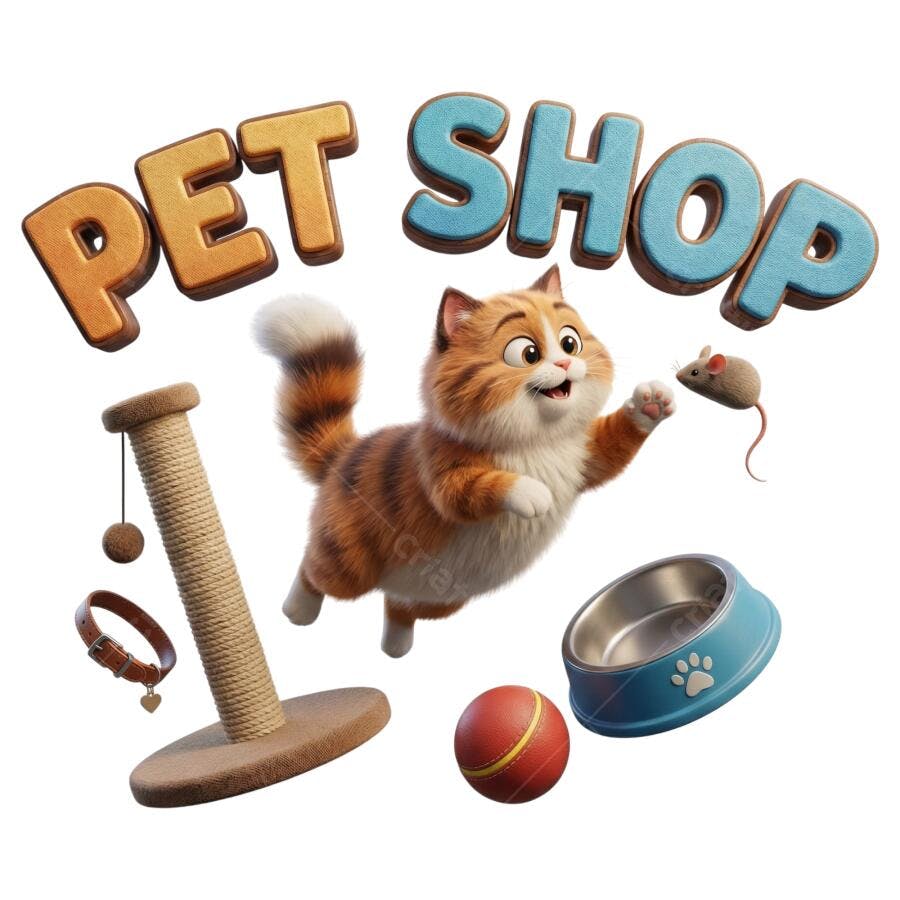 Logo Pet Shop Gato Brincando 3D Desenho Animado PNG