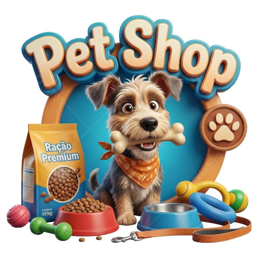 Logo Pet Shop Cachorro Ração Brinquedos 3D PNG Transparente