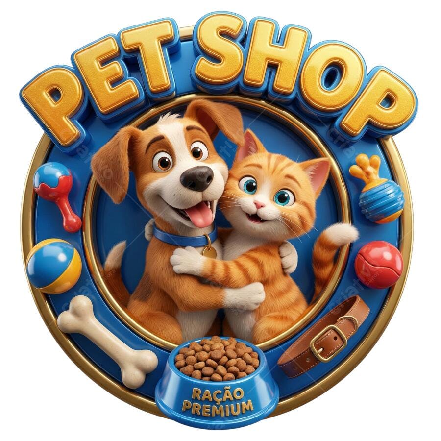 Selo 3D Pet Shop Cachorro e Gato Ração Premium PNG Transparente