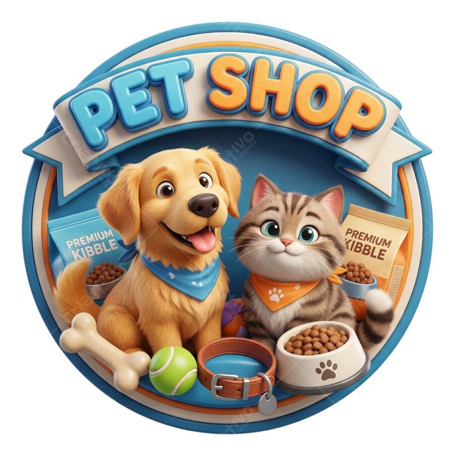 Selo 3D Pet Shop Cachorro Gato Ração PNG Transparente