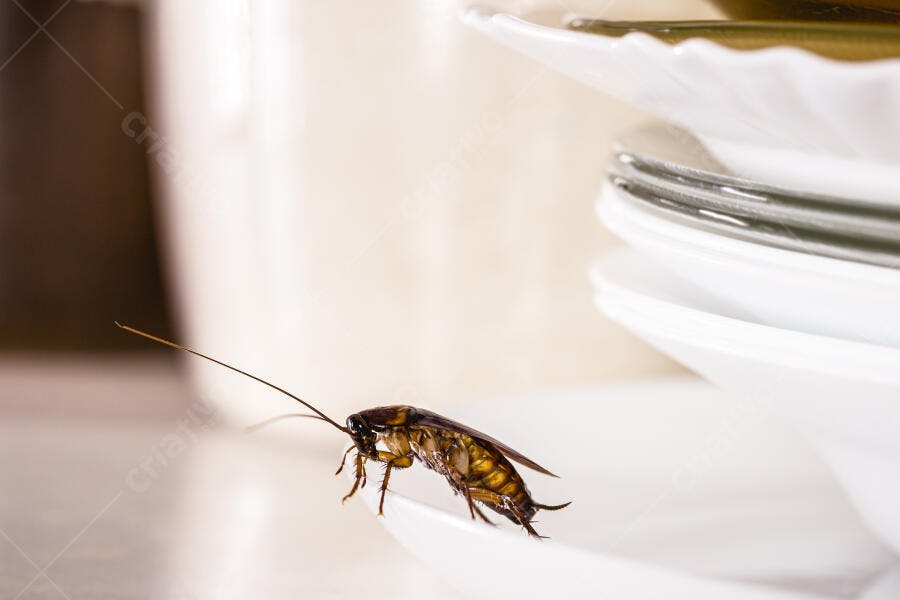 Foto Barata Alemã Cozinha Suja Pratos Empilhados