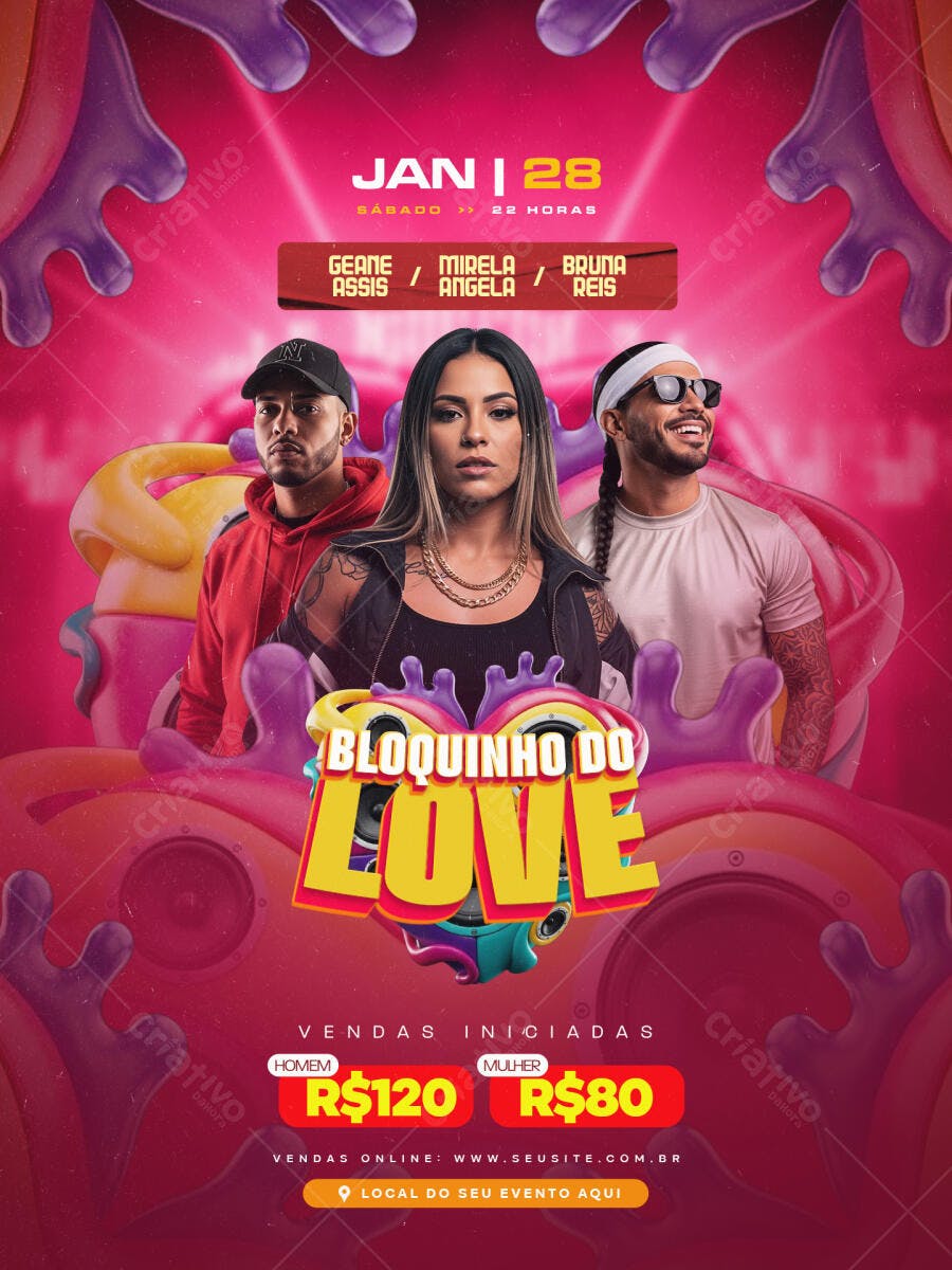 Flyer Bloquinho do Love Pré-Carnaval Janeiro PSD Editável