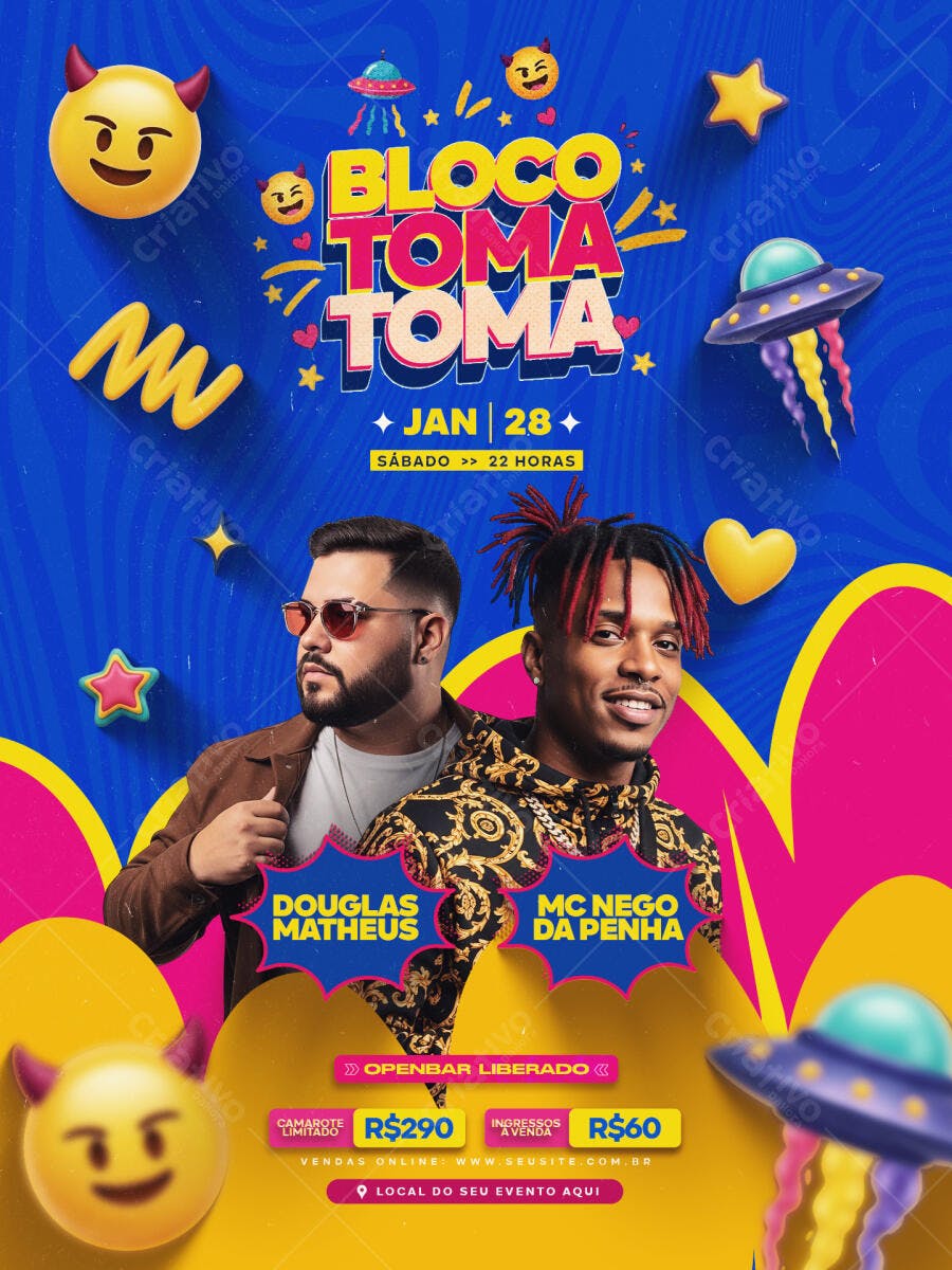 Flyer Bloco Toma Toma Carnaval Janeiro PSD Editável