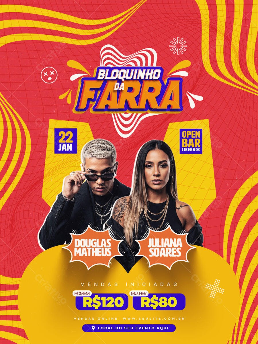 Flyer Bloquinho da Farra Carnaval Janeiro PSD Editável