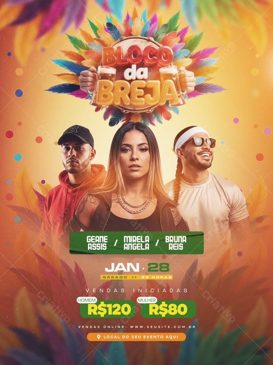Flyer Bloco da Breja Carnaval Janeiro PSD Editável