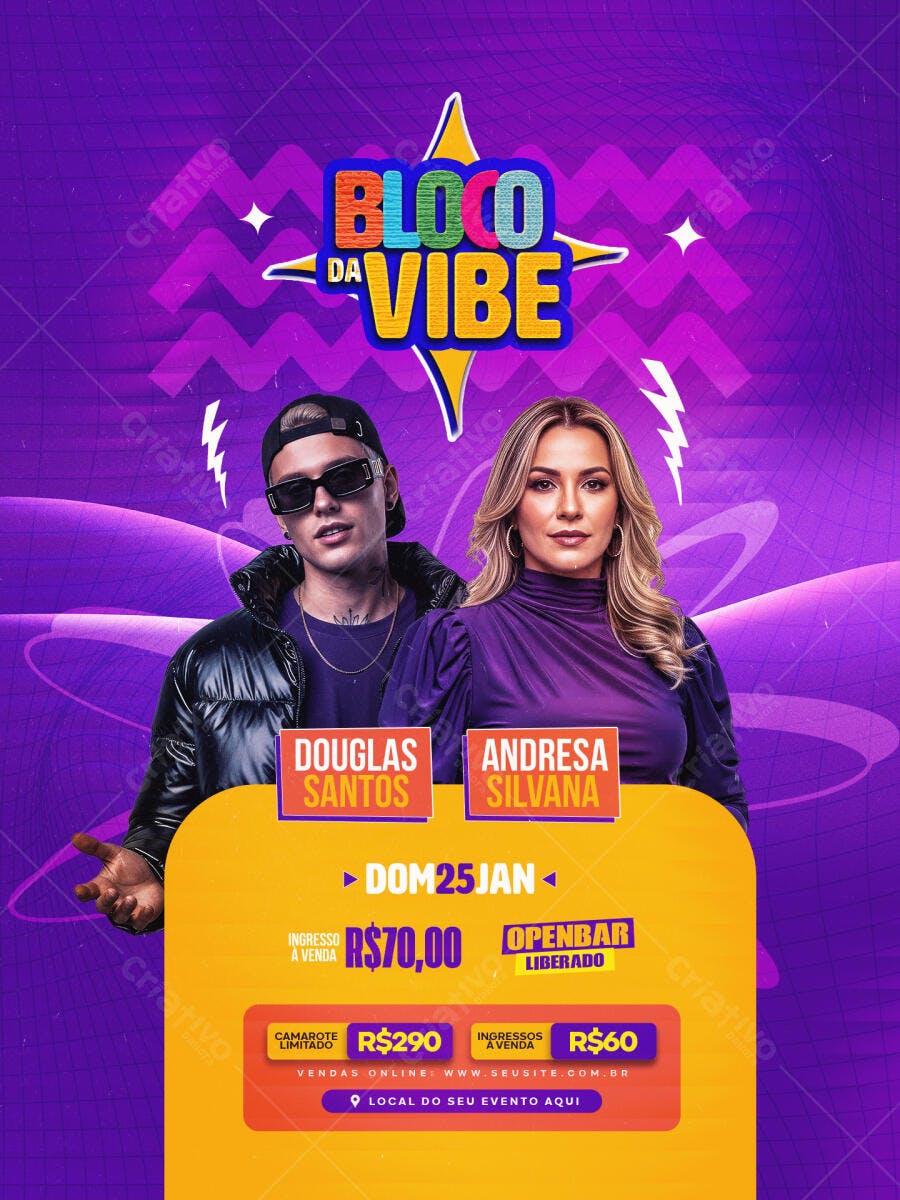 Flyer Bloco da Vibe Pré-Carnaval Janeiro PSD Editável
