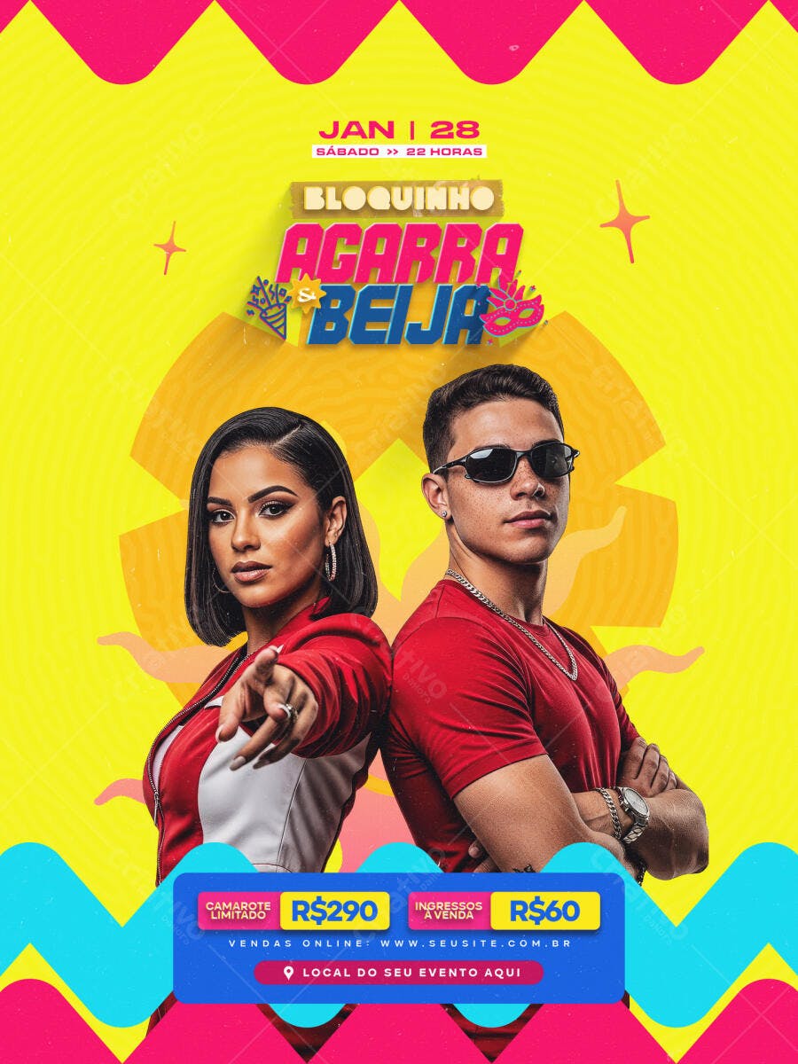 Flyer Pré-Carnaval Bloquinho Agarra Beija PSD Editável