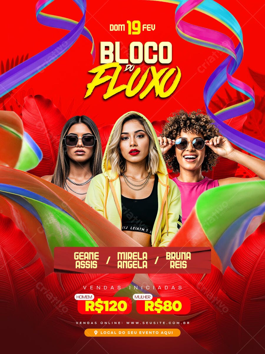 Flyer Bloco do Fluxo Carnaval Fevereiro PSD Editável