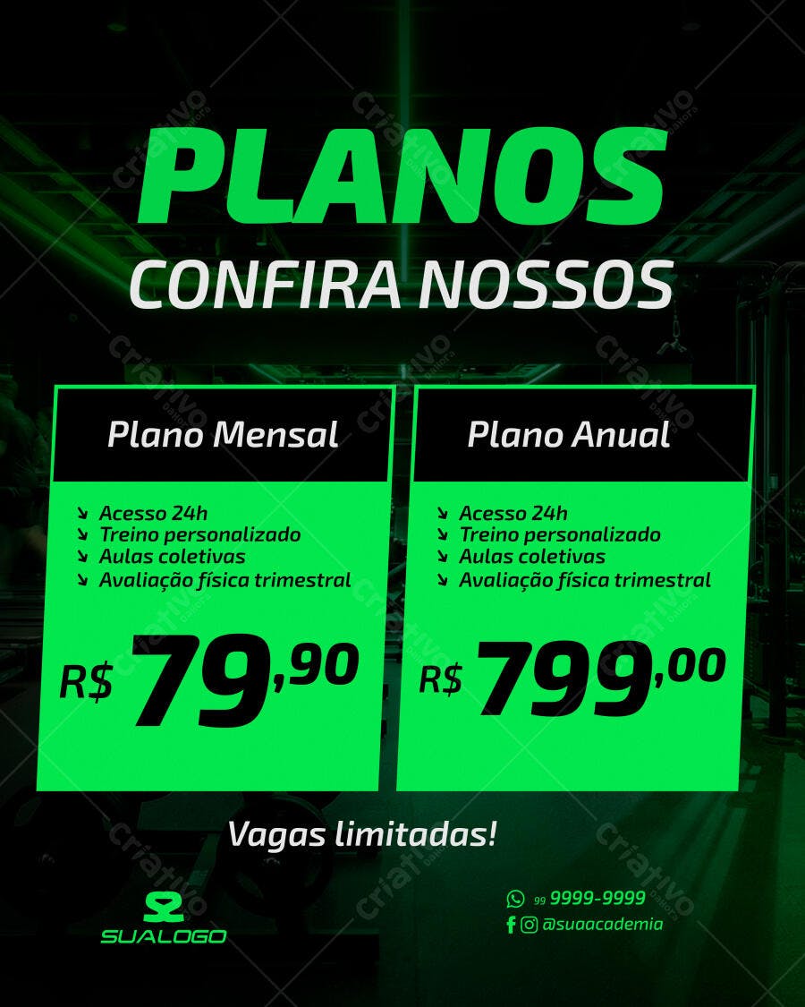 Post Instagram Planos Academia Fitness PSD Editável