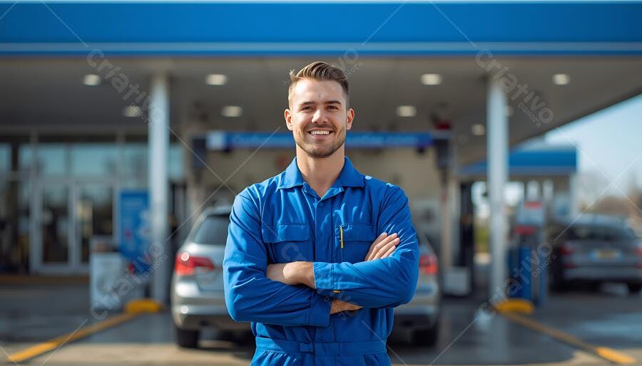 Foto Homem Sorrindo Frentista Posto de Gasolina Uniforme Azul