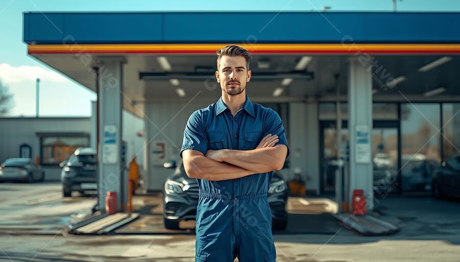 Foto Frentista Homem Uniforme Azul Posto de Gasolina