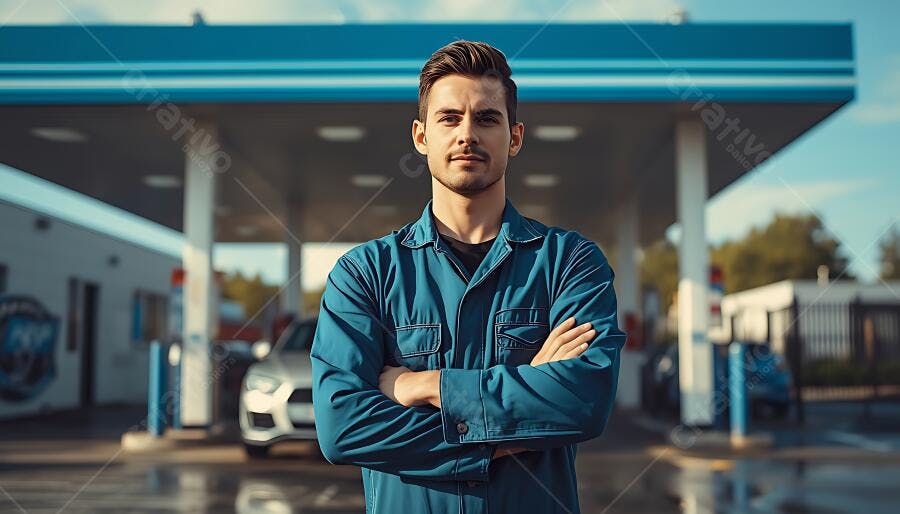 Foto Homem Frentista Braços Cruzados Posto de Gasolina