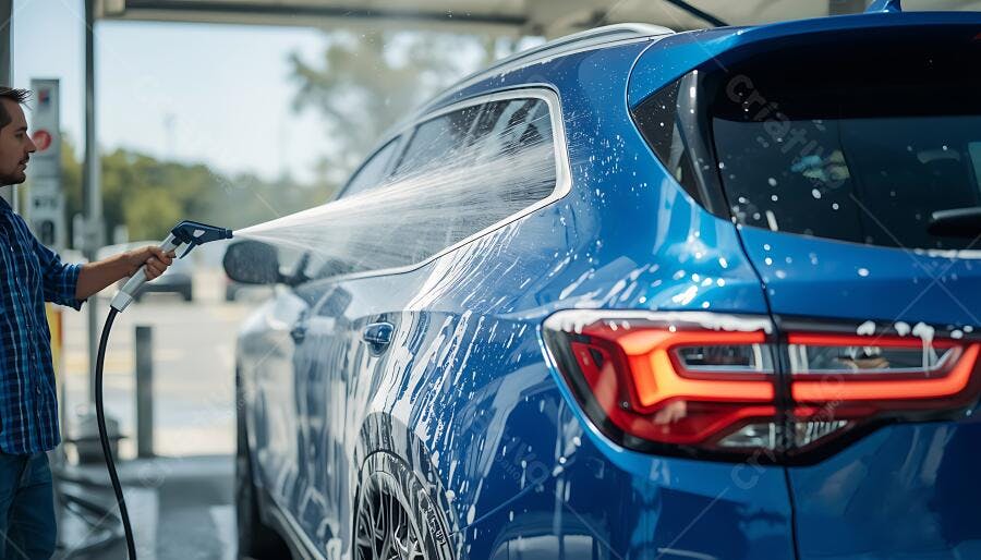 Foto Homem Lavando Carro Azul com Mangueira Lava Rápido
