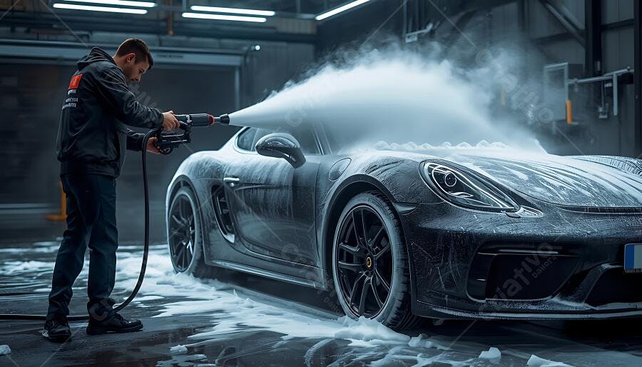 Foto Homem Lavando Carro Esportivo Porsche com Jato de Espuma