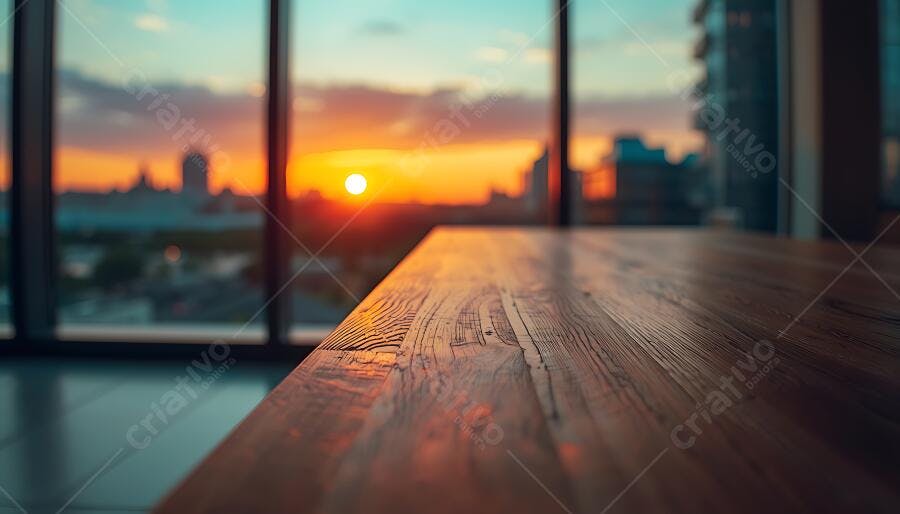 Foto Mesa de Madeira Vazia Pôr do Sol Janela Cidade