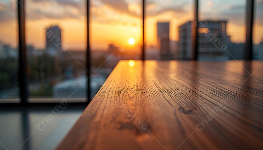 Foto Mesa de Madeira Vazia Pôr do Sol Janela Escritório Urbano