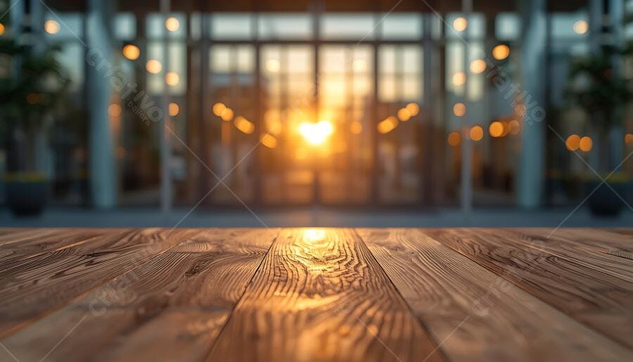 Foto Mesa de Madeira Fundo Desfocado Pôr do Sol Edifício Comercial
