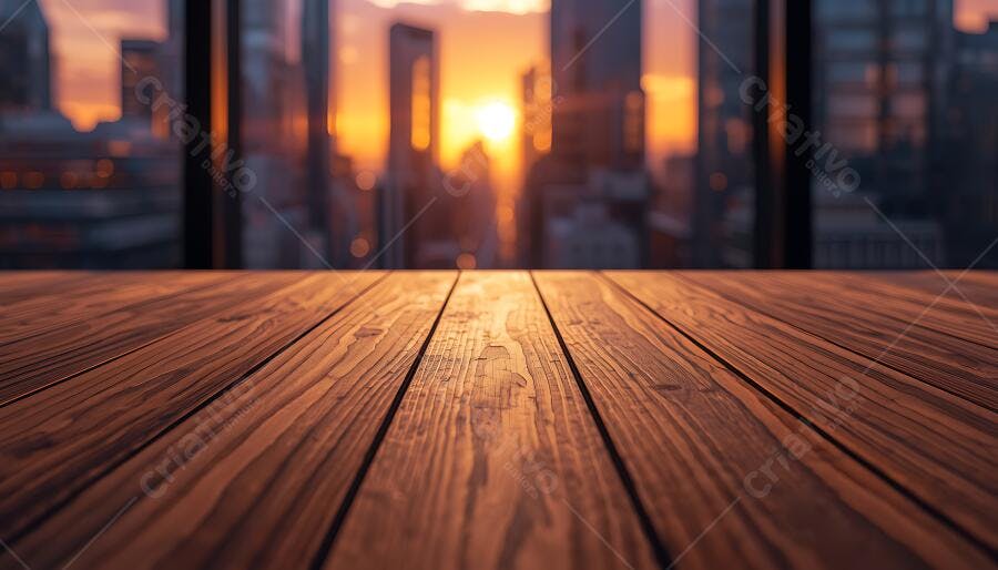 Foto Mesa de Madeira Vazia Fundo Cidade Pôr do Sol Escritório