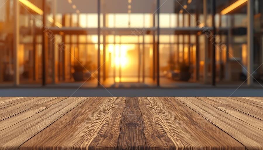Foto Mesa de Madeira Vazia com Fundo de Edifício Corporativo Dourado